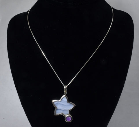Sterling Silver Blue Lace Agate and Amethyst Star Pendant on Sterling Silver Chain Necklace