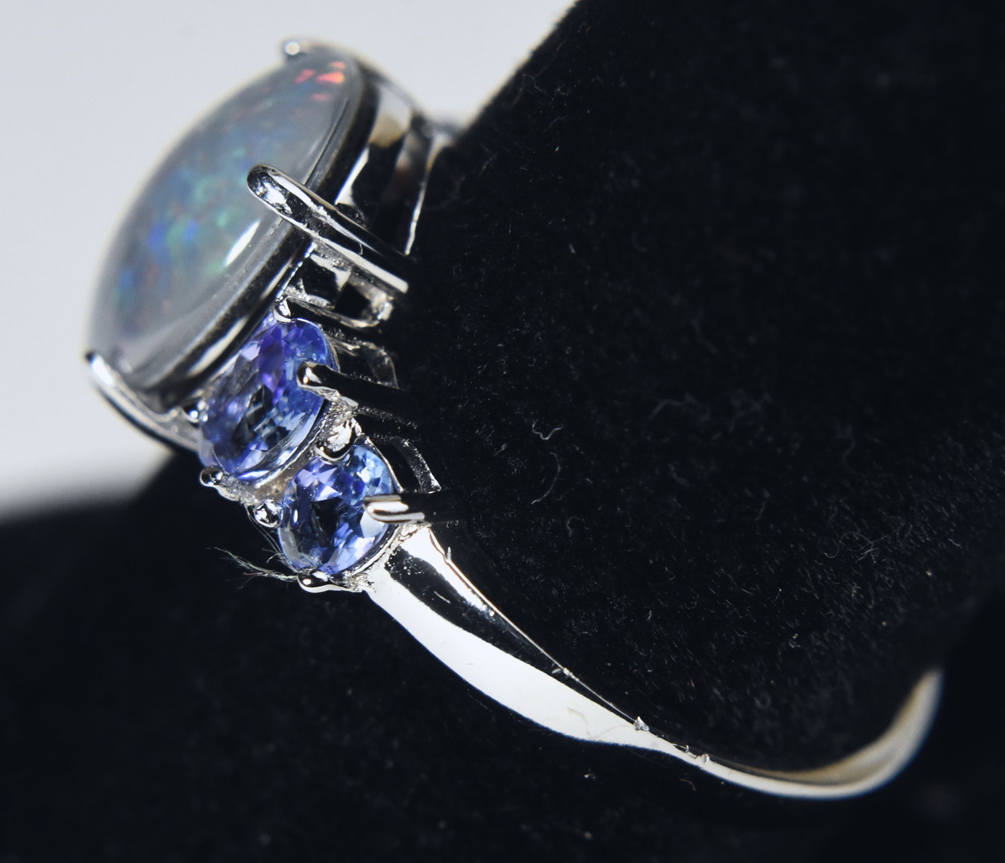 Blue Opal Triplet and Tanzanite Sterling Silver Ring - Size 8.75
