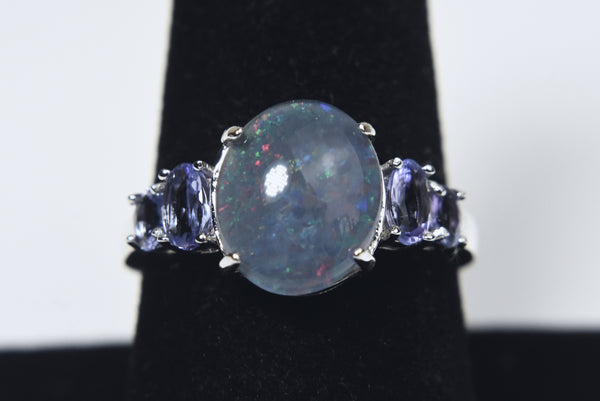 Blue Opal Triplet and Tanzanite Sterling Silver Ring - Size 8.75