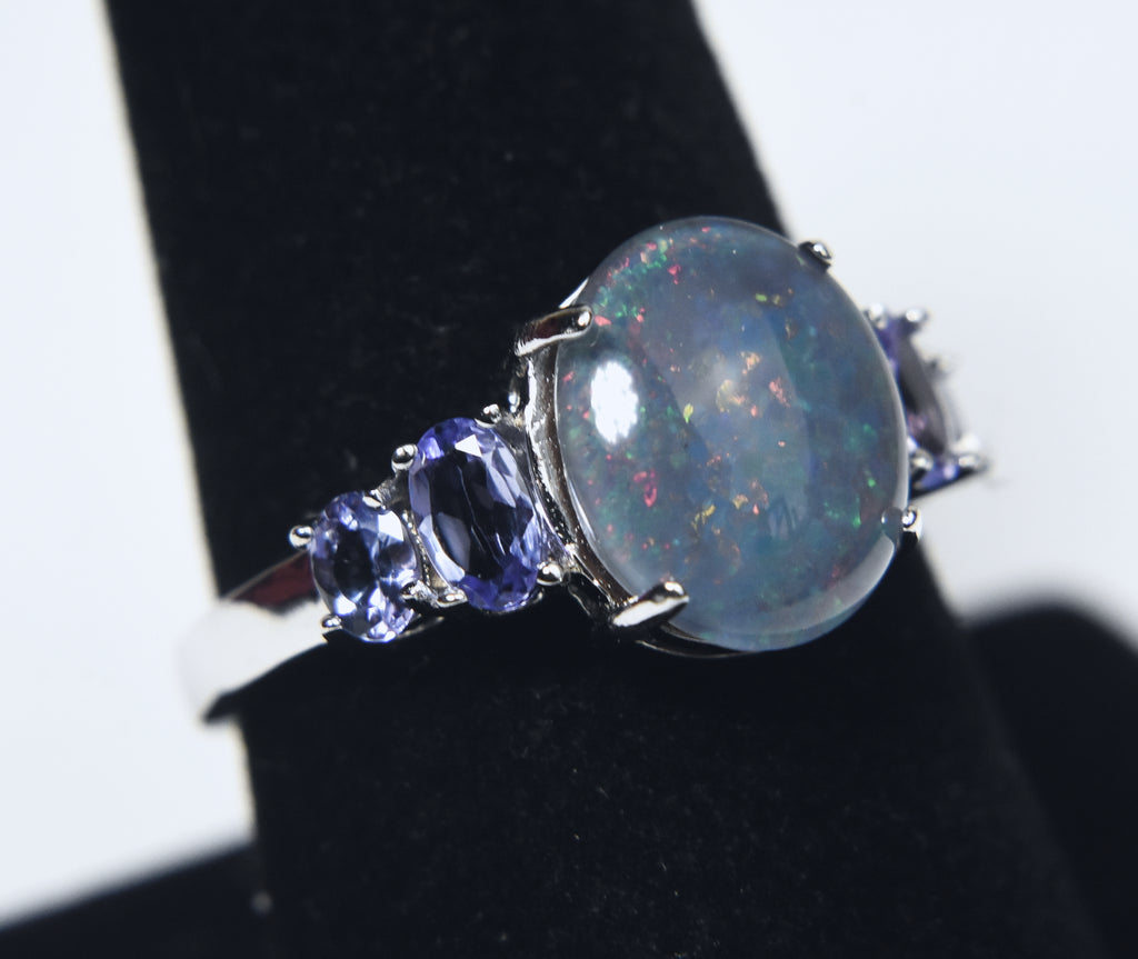 Blue Opal Triplet and Tanzanite Sterling Silver Ring - Size 8.75