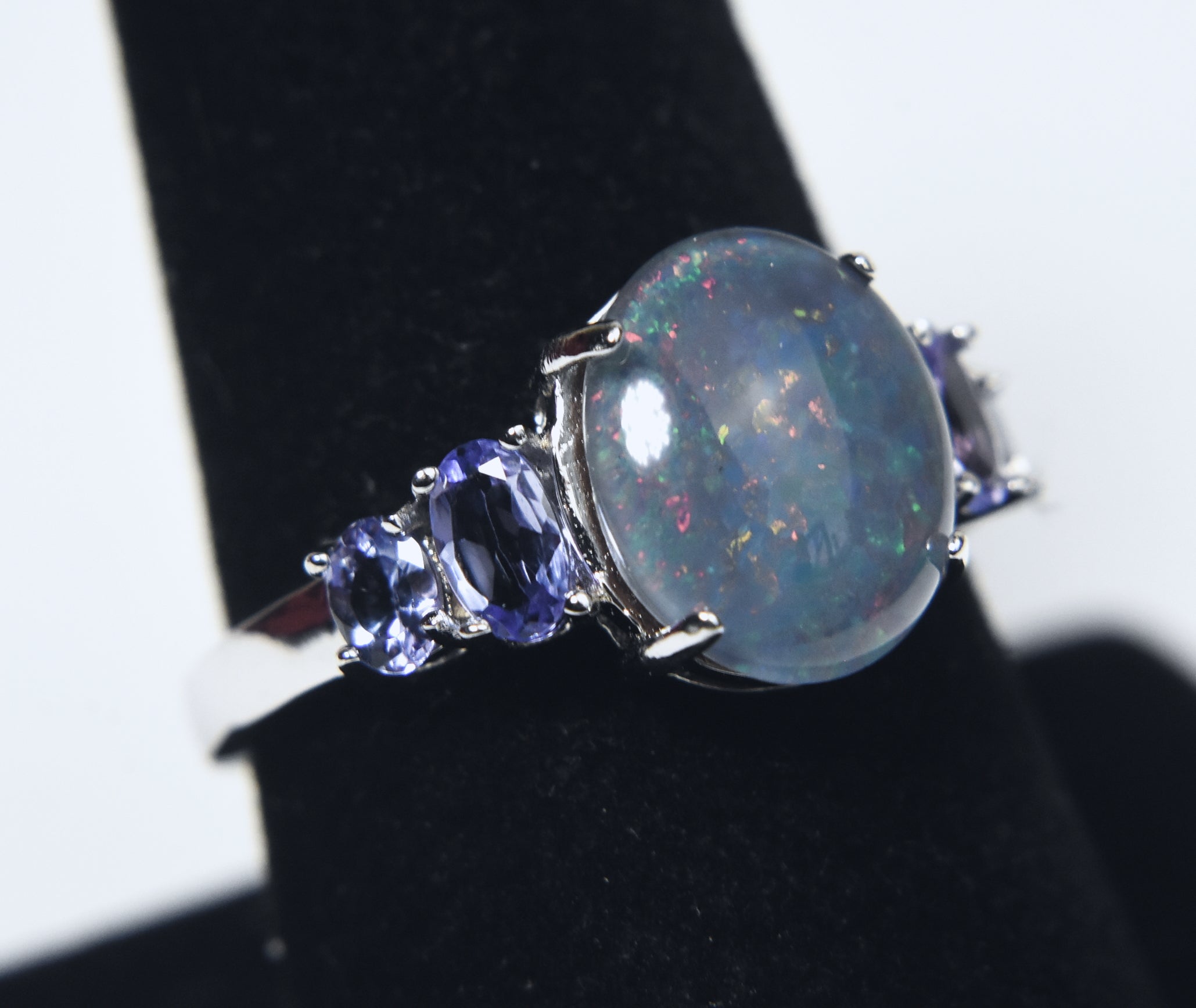 Blue Opal Triplet and Tanzanite Sterling Silver Ring - Size 8.75