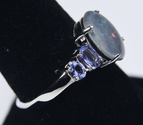 Blue Opal Triplet and Tanzanite Sterling Silver Ring - Size 8.75