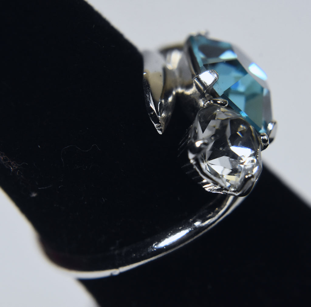 Vintage Sterling Silver Blue Rhinestone Bypass Ring - Size 4.25