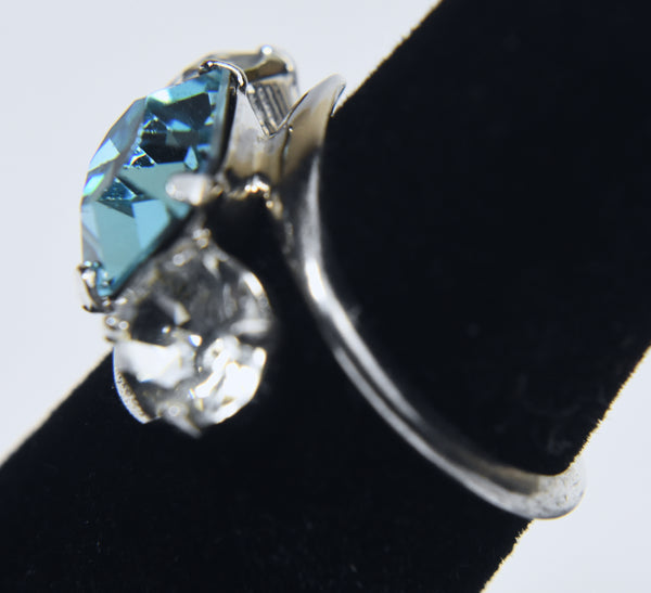 Vintage Sterling Silver Blue Rhinestone Bypass Ring - Size 4.25