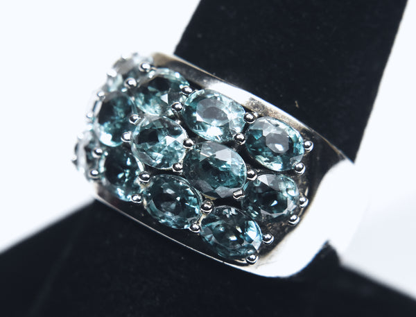 Beautiful Blue Topaz Studded Sterling Silver Wide Band Ring - Size 9