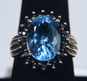 Blue Topaz and Dark Blue Sapphire Sterling Silver Ring - Size 7.75