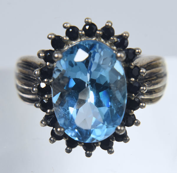 Blue Topaz and Dark Blue Sapphire Sterling Silver Ring - Size 7.75