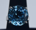 Large Round Brilliant Cut Blue Topaz Sterling Silver Ring - Size 8