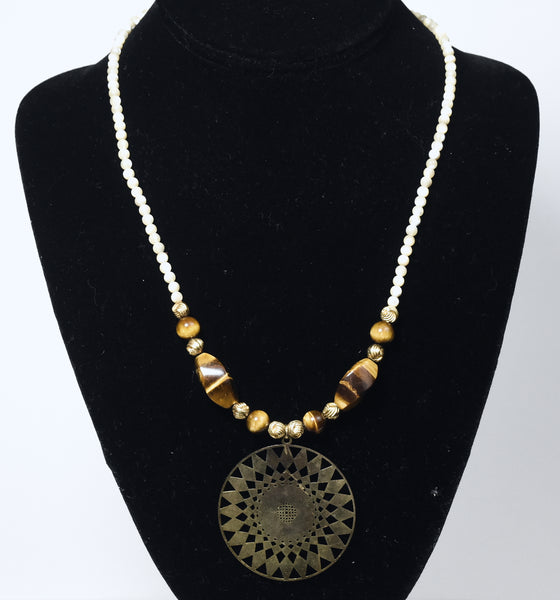 Carved Shell Bead, Brass and Tiger's Eye Necklace with Brass Pendant