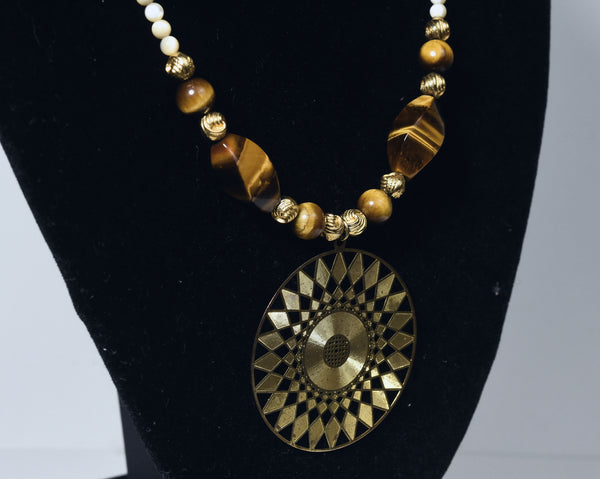 Carved Shell Bead, Brass and Tiger's Eye Necklace with Brass Pendant