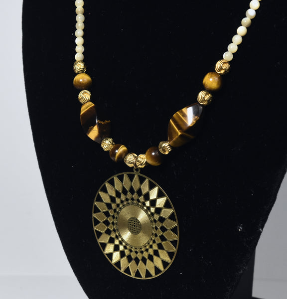 Carved Shell Bead, Brass and Tiger's Eye Necklace with Brass Pendant