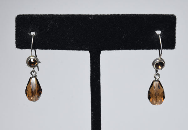 Pair of Faceted Brown Glass and Silver Tone Metal Earrings