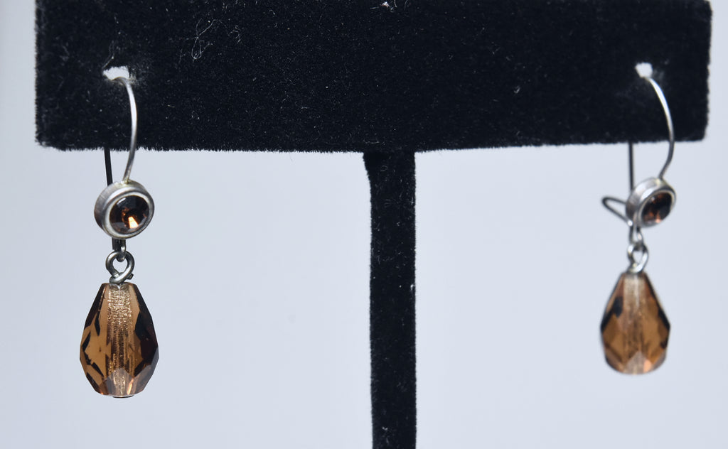 Pair of Faceted Brown Glass and Silver Tone Metal Earrings