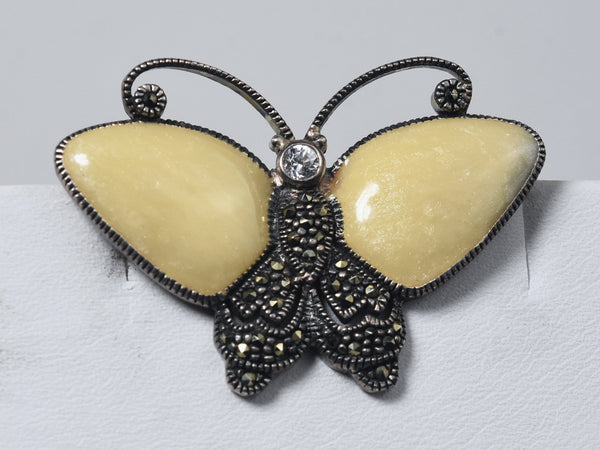 Vintage Sterling Silver Marcasite Guilloche Enamel Butterfly Brooch