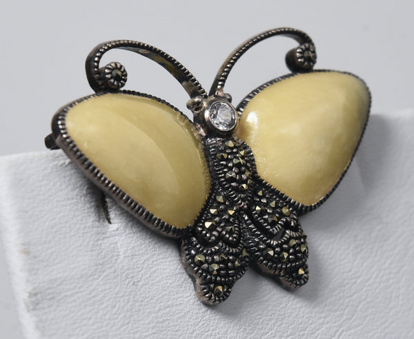 Vintage Sterling Silver Marcasite Guilloche Enamel Butterfly Brooch