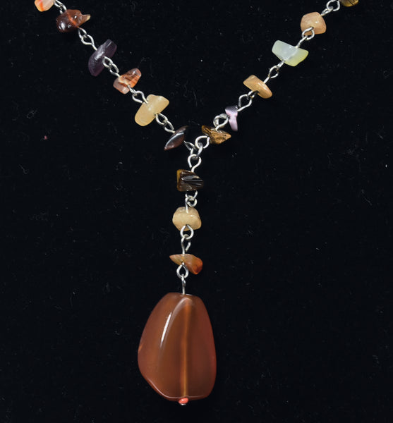 Carnelian Pendant on Silver Chain Stone Chip Bead Station Necklace