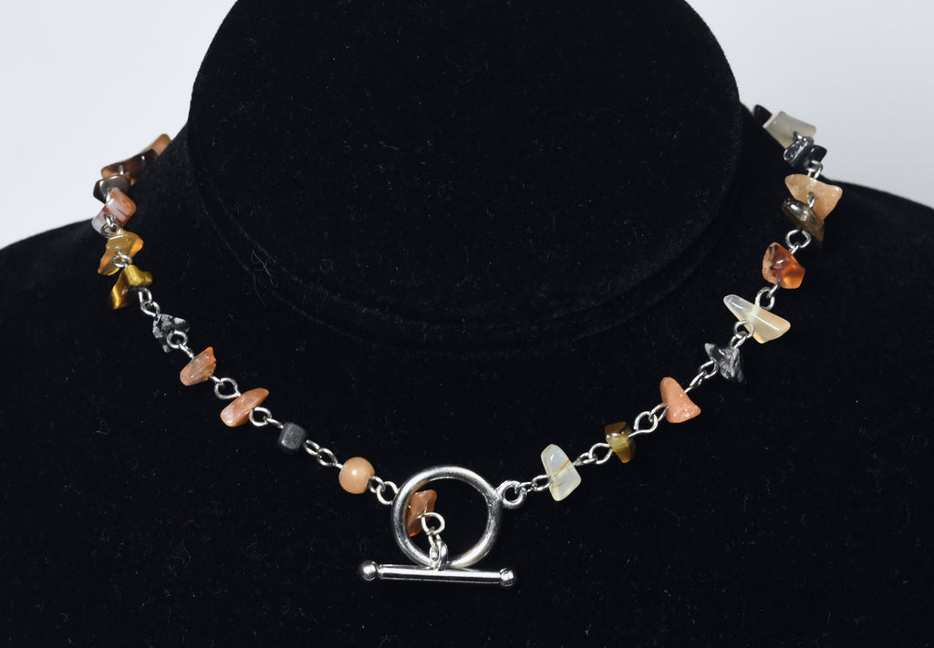 Carnelian Pendant on Silver Chain Stone Chip Bead Station Necklace
