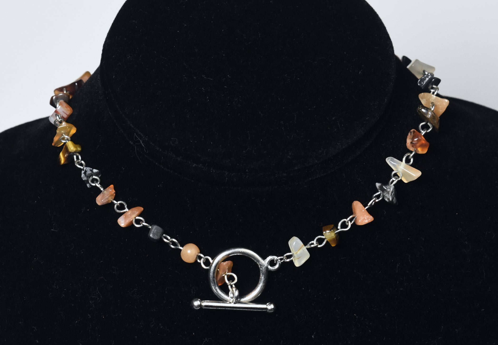 Carnelian Pendant on Silver Chain Stone Chip Bead Station Necklace