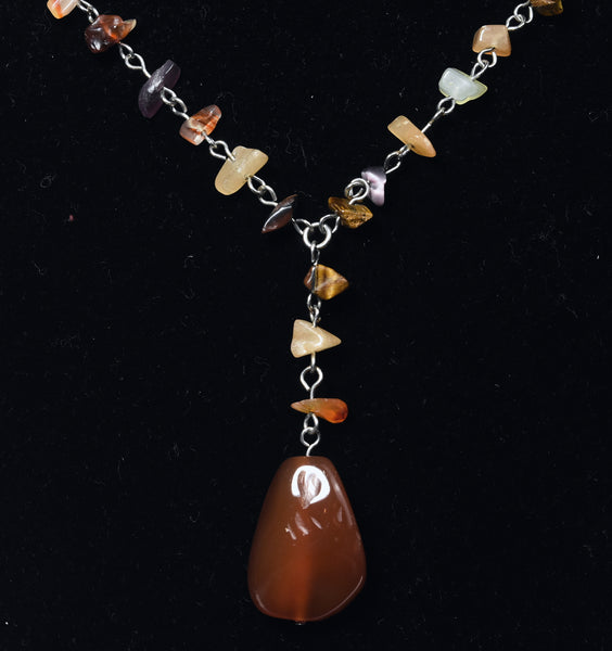 Carnelian Pendant on Silver Chain Stone Chip Bead Station Necklace