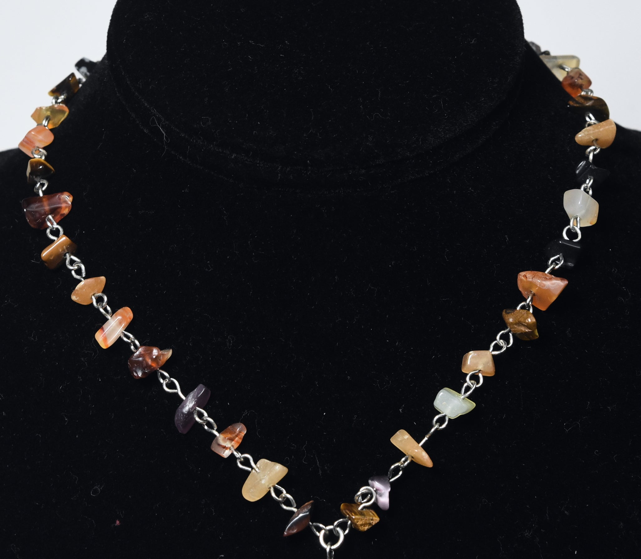 Carnelian Pendant on Silver Chain Stone Chip Bead Station Necklace