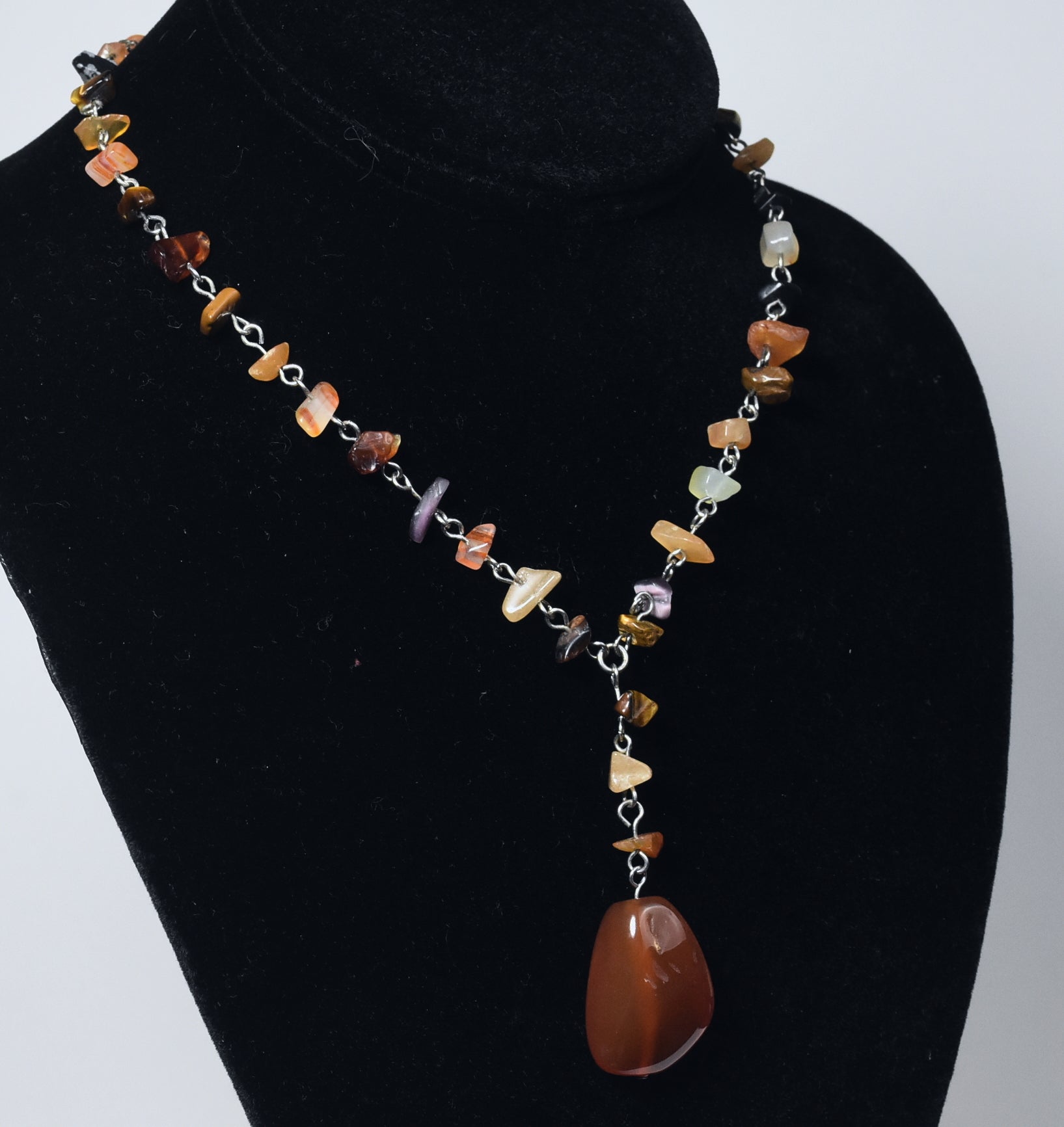 Carnelian Pendant on Silver Chain Stone Chip Bead Station Necklace