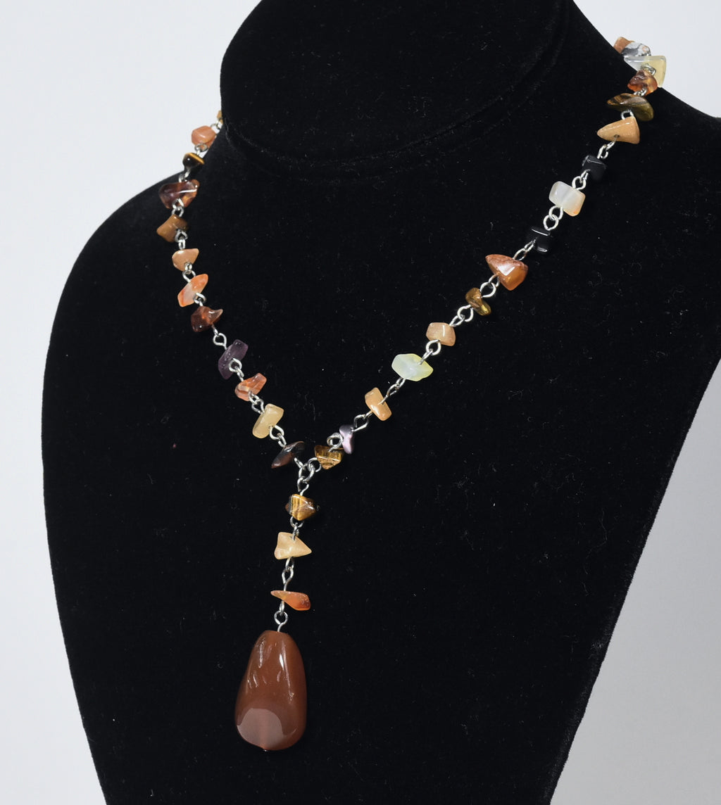 Carnelian Pendant on Silver Chain Stone Chip Bead Station Necklace