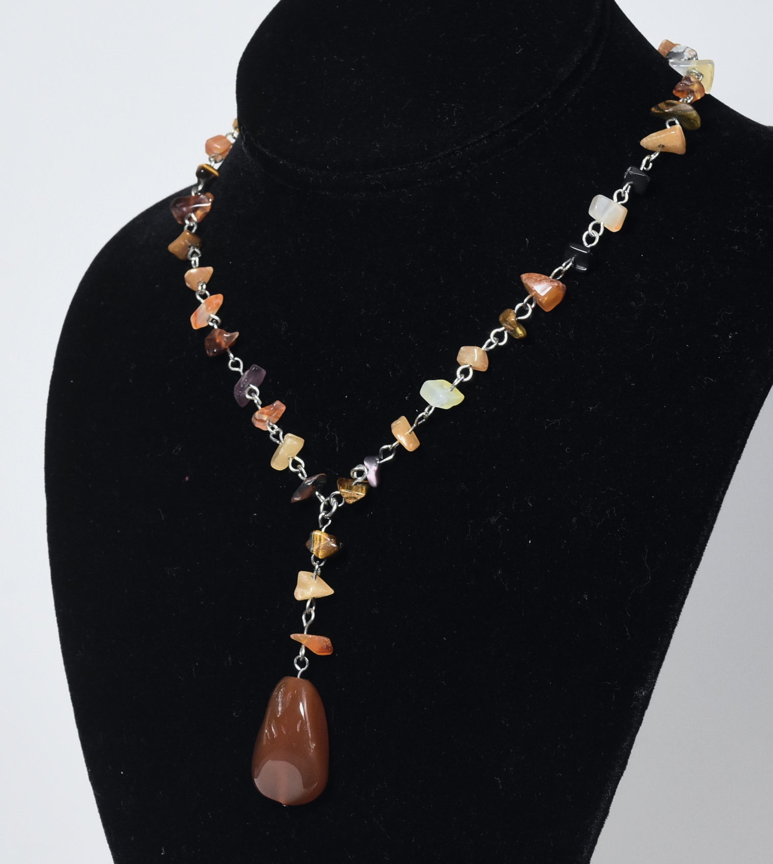 Carnelian Pendant on Silver Chain Stone Chip Bead Station Necklace