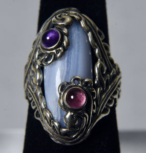 Carolyn Pollack - Blue Lace Agate Sterling Silver Amethyst and Pink Tourmaline Ring - Size 6.5