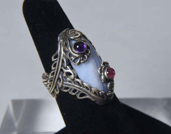Carolyn Pollack - Blue Lace Agate Sterling Silver Amethyst and Pink Tourmaline Ring - Size 6.5