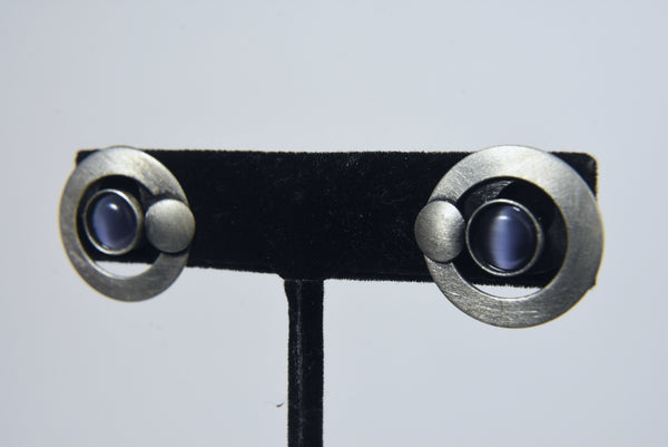 Contemporary Silver Blue Cat's Eye Glass Earrings