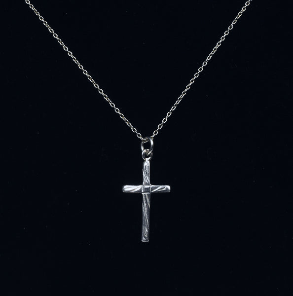 Vintage Sterling Silver Chased Design Cross Pendant on Sterling Silver Chain Necklace