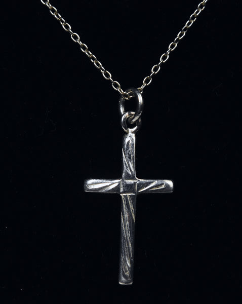 Vintage Sterling Silver Chased Design Cross Pendant on Sterling Silver Chain Necklace