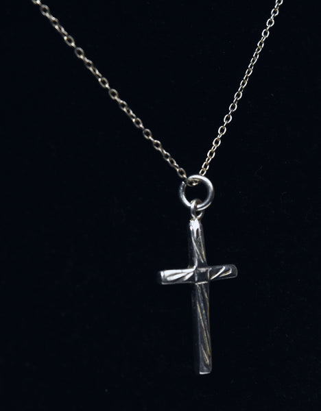 Vintage Sterling Silver Chased Design Cross Pendant on Sterling Silver Chain Necklace