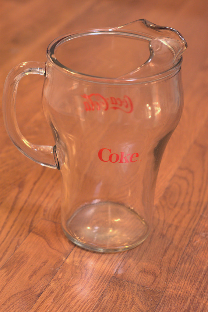 Vintage Bacardi Rum & Coke Glass Pitcher w/ 3 Coca Cola clear drinking  glasses