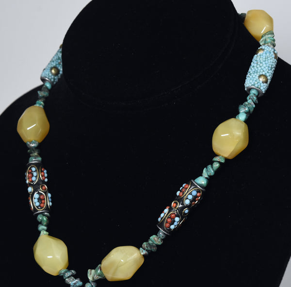 Ornate Colorful Beaded Necklace with Turquoise Chips