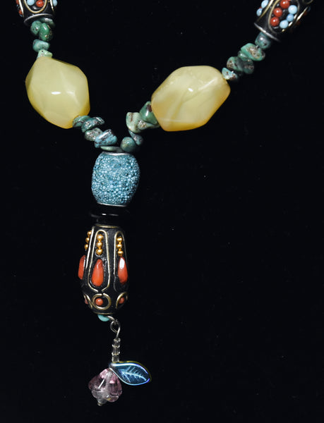 Ornate Colorful Beaded Necklace with Turquoise Chips