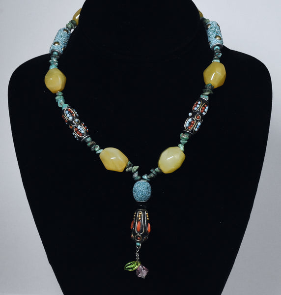 Ornate Colorful Beaded Necklace with Turquoise Chips