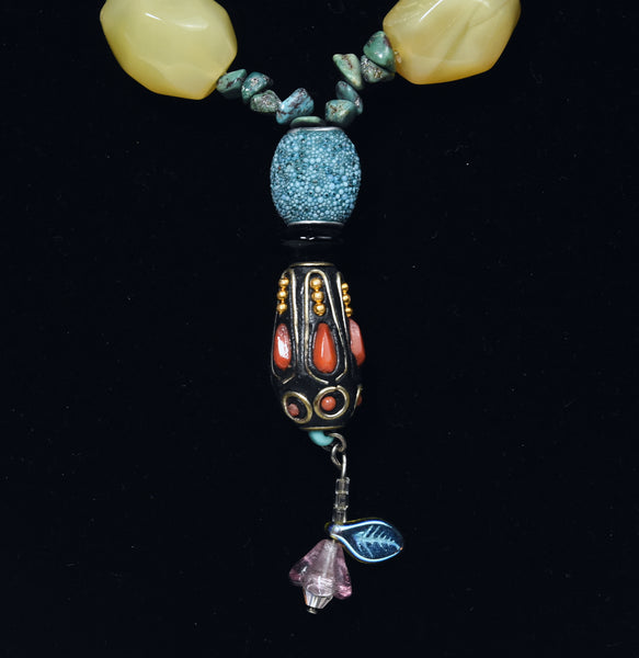 Ornate Colorful Beaded Necklace with Turquoise Chips