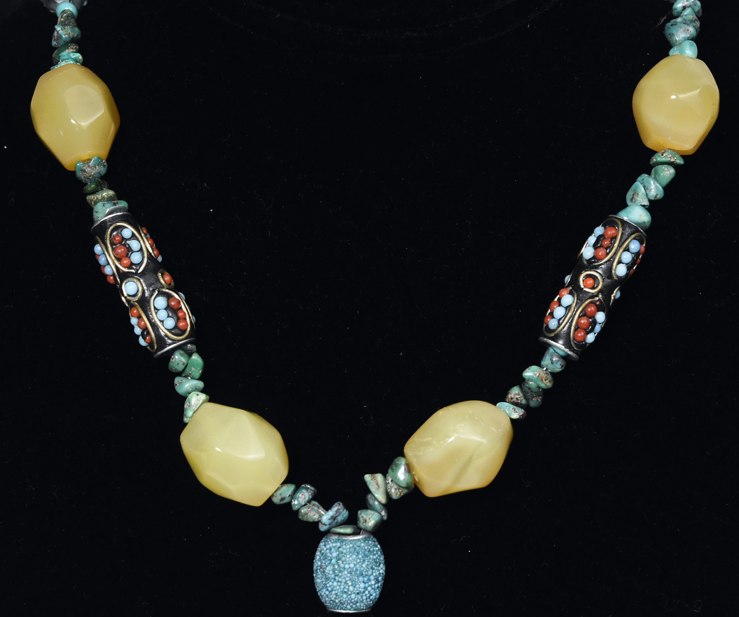 Ornate Colorful Beaded Necklace with Turquoise Chips