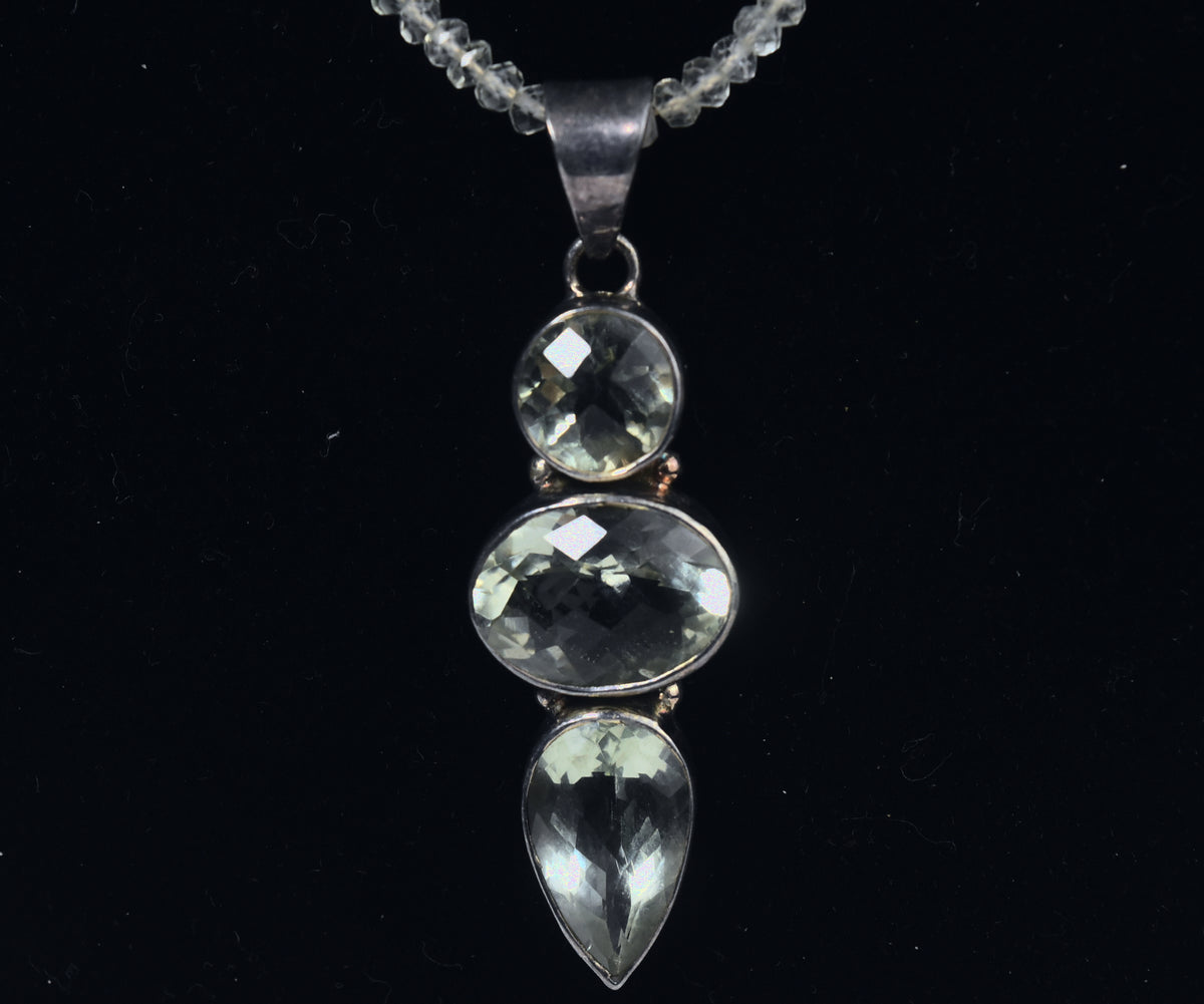 Sterling Silver Aquamarine Pendant on Aquamarine Beaded Necklace - 20.75"