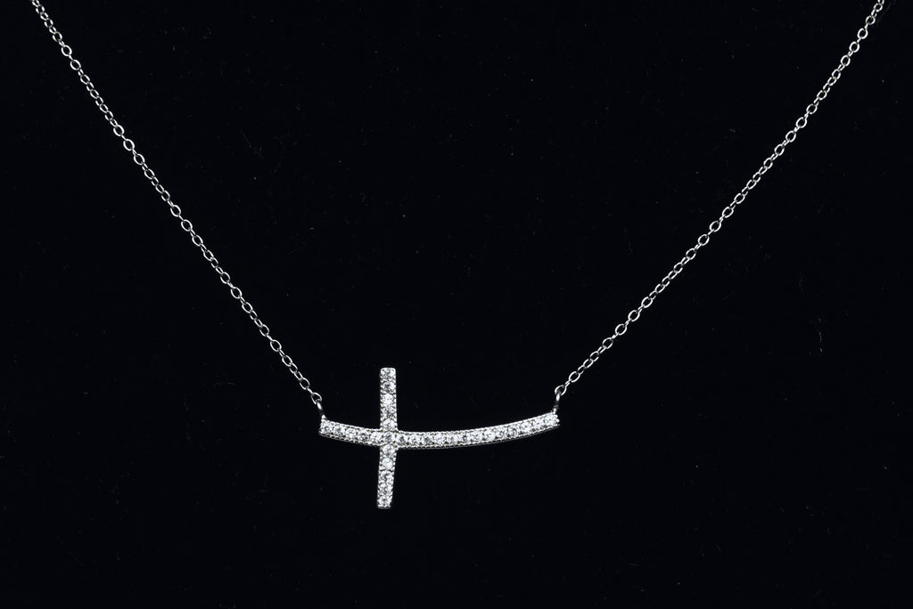 Sterling Silver Curved Crystal Cross Necklace