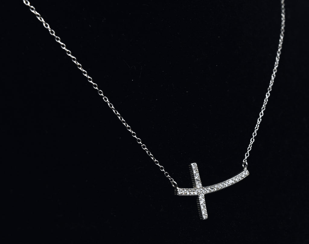 Sterling Silver Curved Crystal Cross Necklace