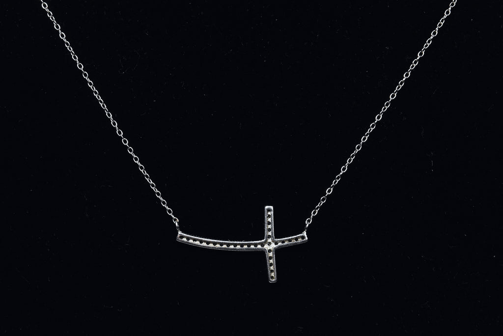 Sterling Silver Curved Crystal Cross Necklace