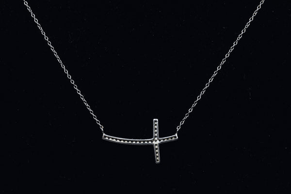 Sterling Silver Curved Crystal Cross Necklace