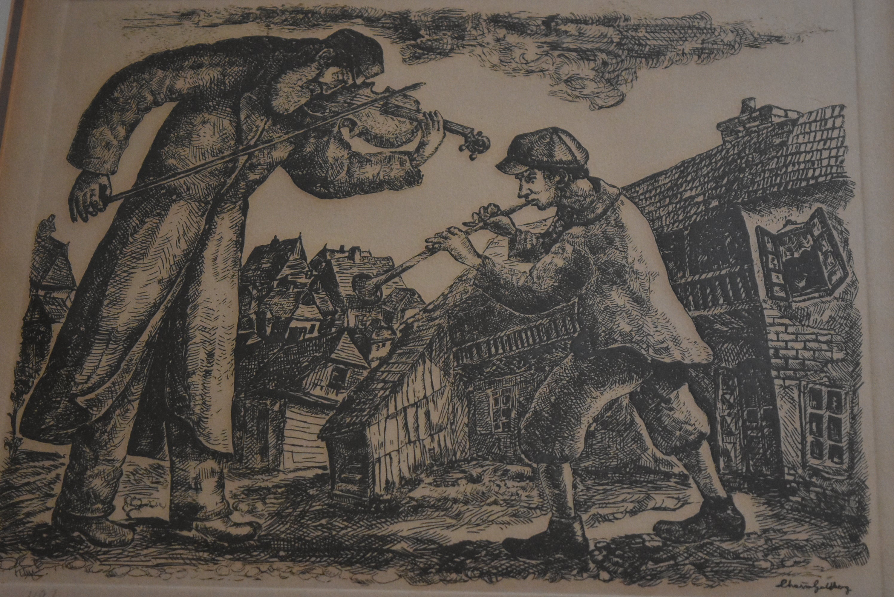 Chaim Goldberg - Signed Etching of Man and Boy Musicians