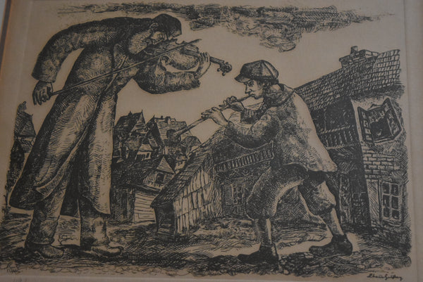 Chaim Goldberg - Signed Etching of Man and Boy Musicians