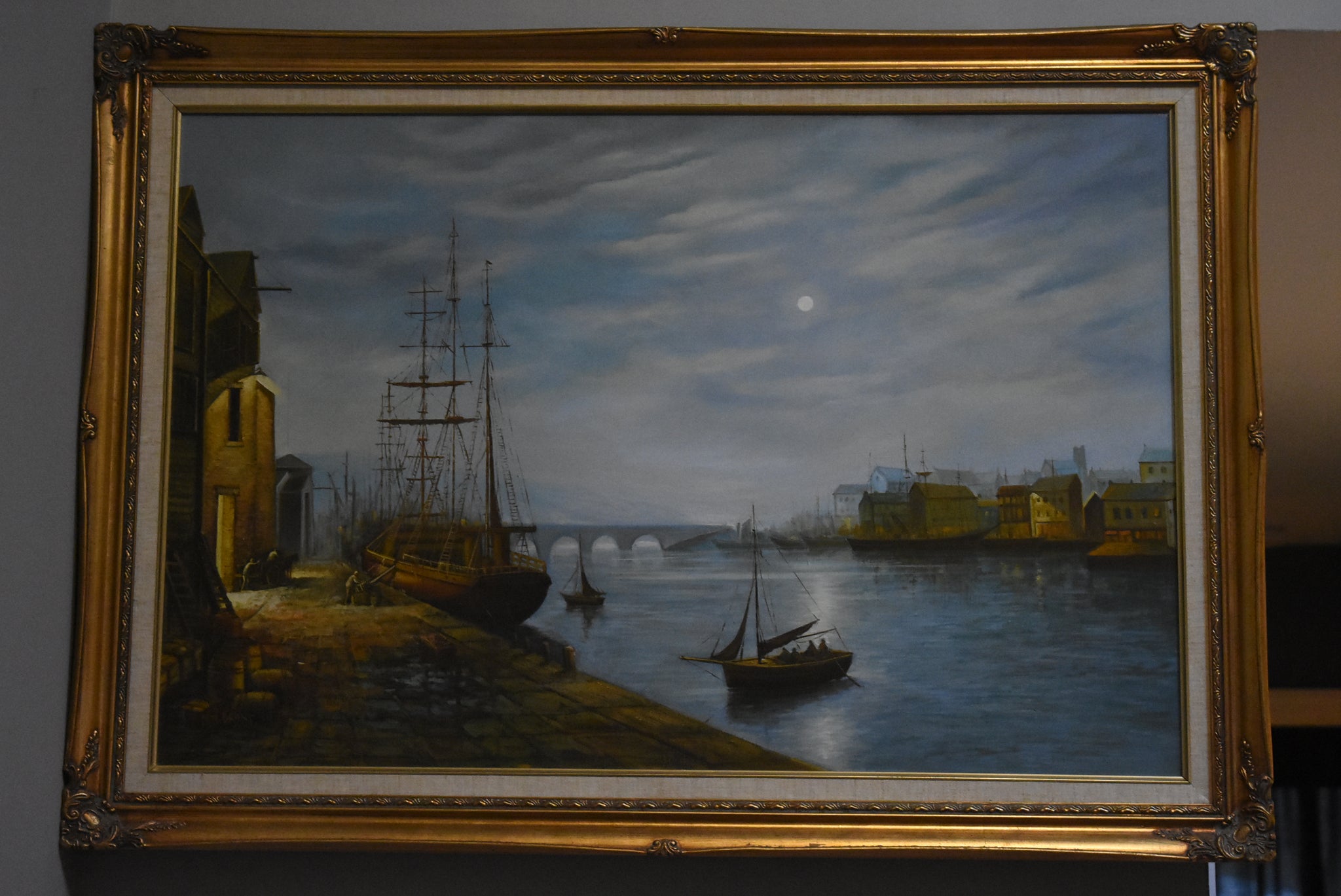 R. Brant - Vintage Original Nighttime Harbor Oil Painting
