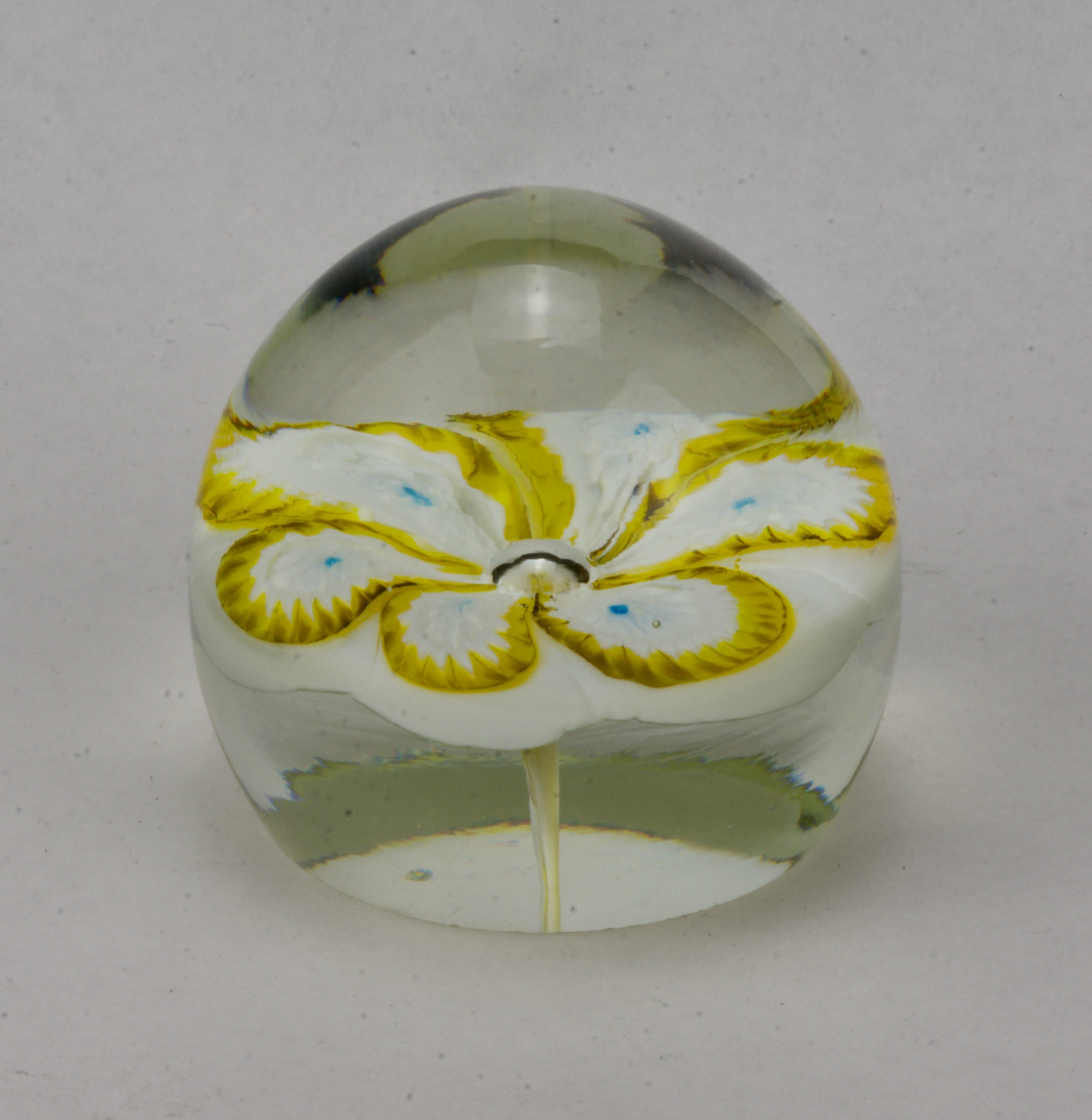 White and Yellow Flower Clear Dome Glass Paperweight
