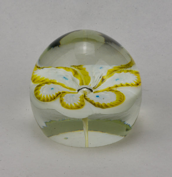 White and Yellow Flower Clear Dome Glass Paperweight