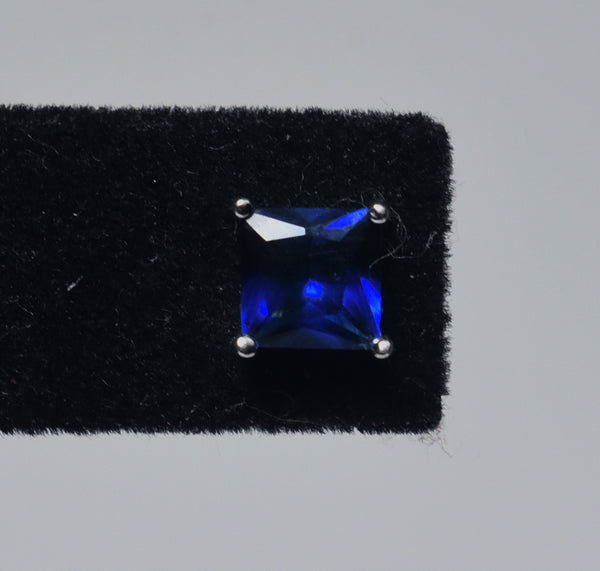 Sterling Silver Square Cut Simulated Blue Sapphire Stud Earrings